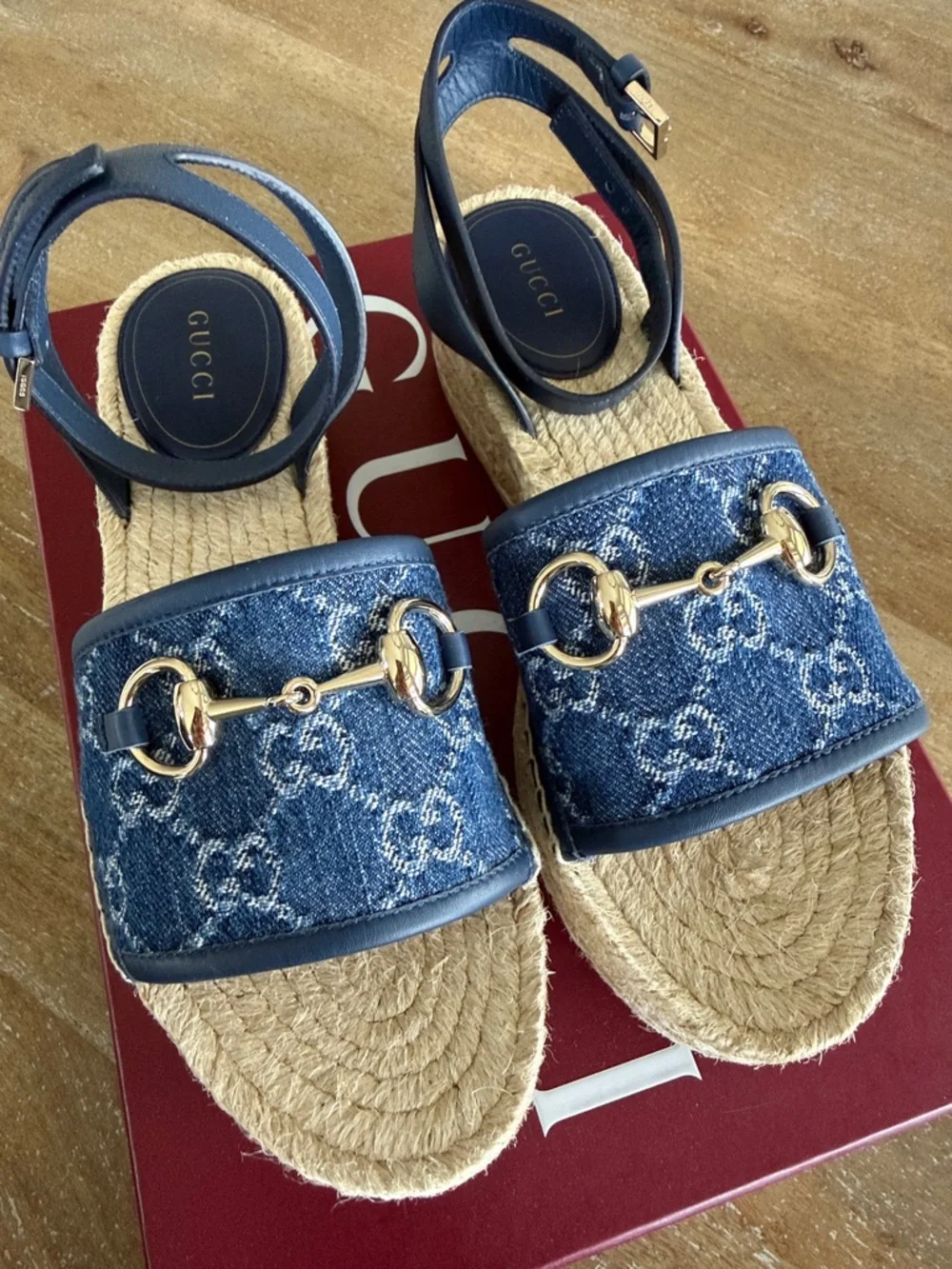 NWT dust bag authentic Gucci Blue Denim GG Horsebit Espadrille Sandals - Picture 1 of 9